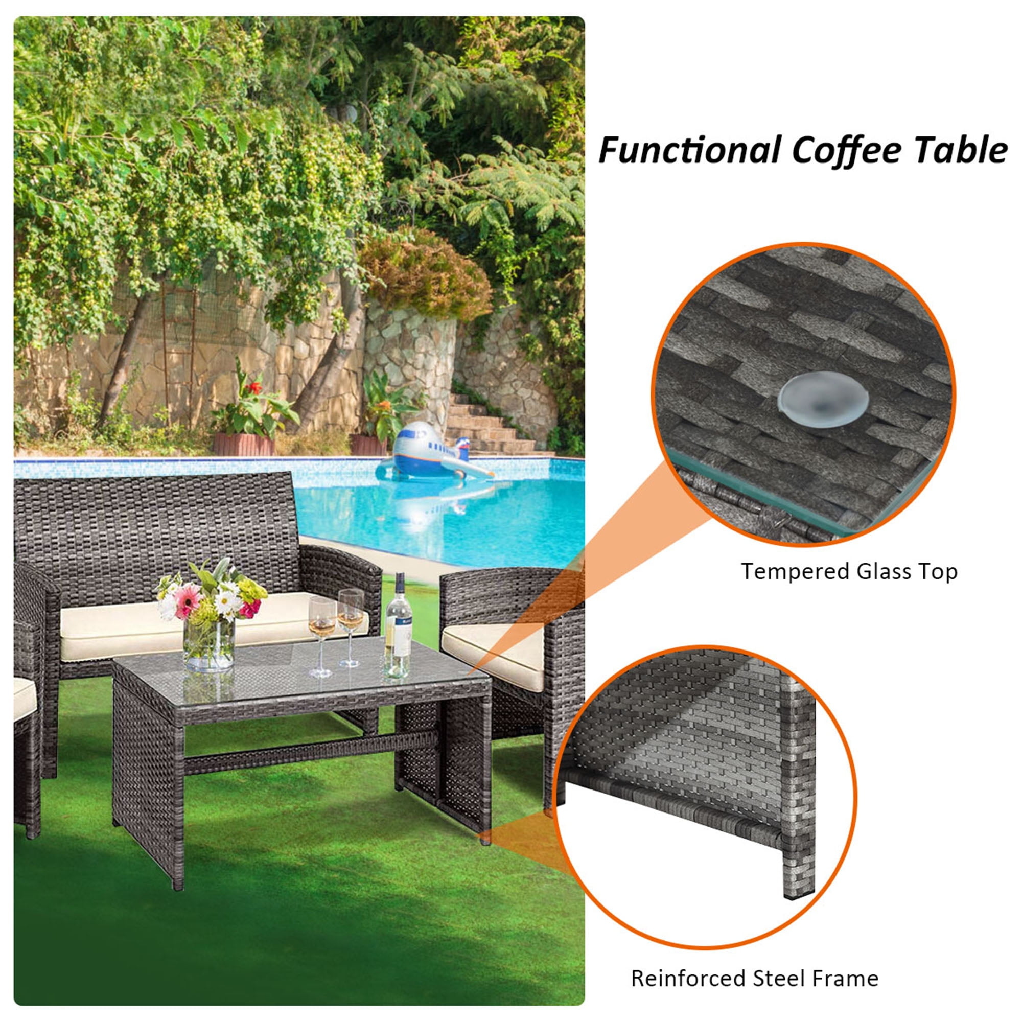 Gymax Fashion 4PCS Patio Outdoor Rattan Furniture Set Chair Loveseat Table Cushioned