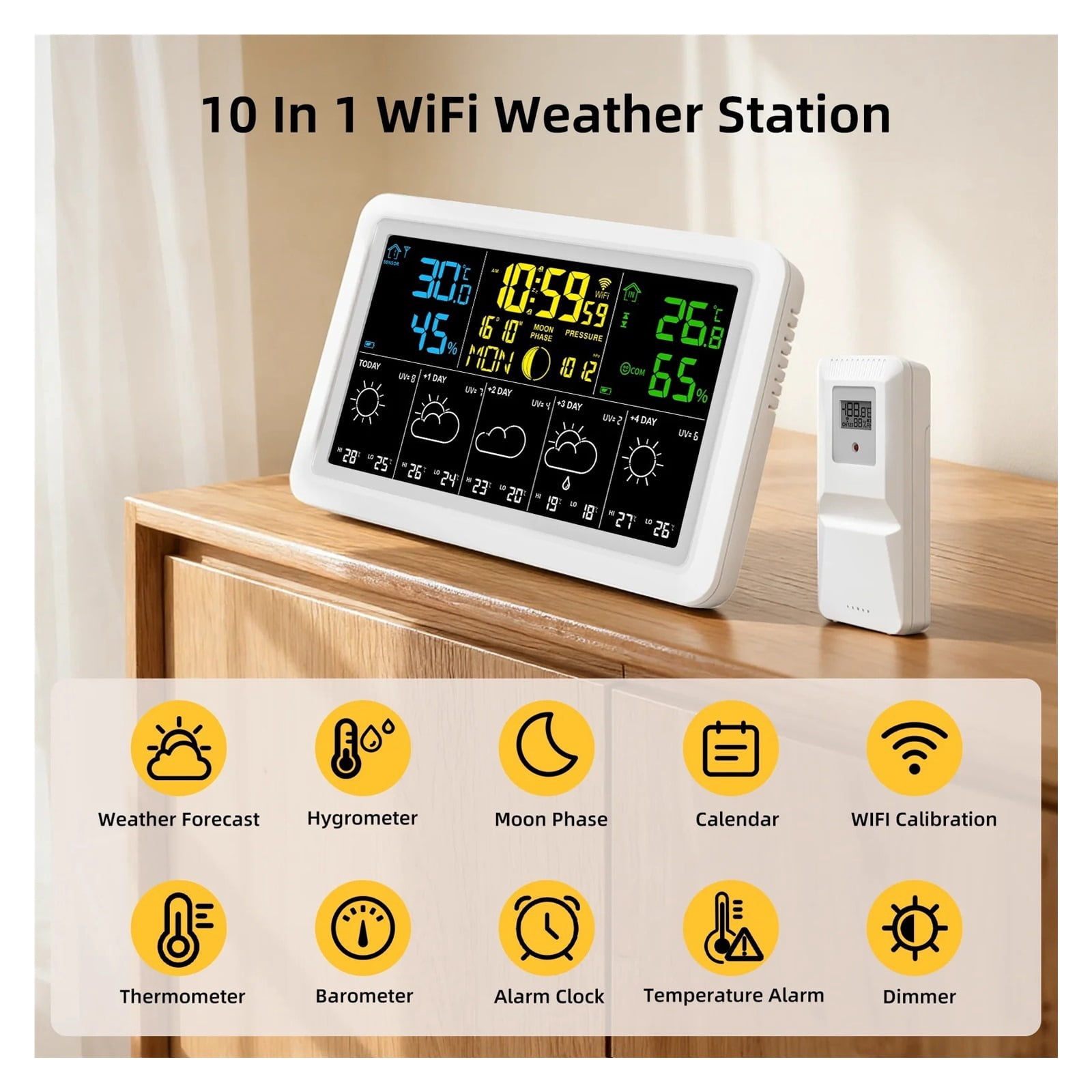 Smart Networking Weather Station with Barometer, Auto-Sync Clock & Moon Phase