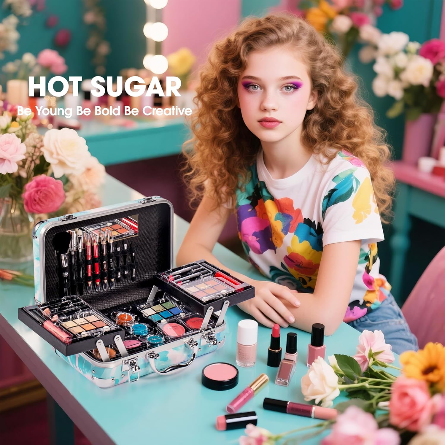Hot Sugar Makeup Kit for Girls 10-12, Basic Cosmetic Set for Women - Perfect Gift to Begin The Makeup Journey (Blue Tie-Dye)