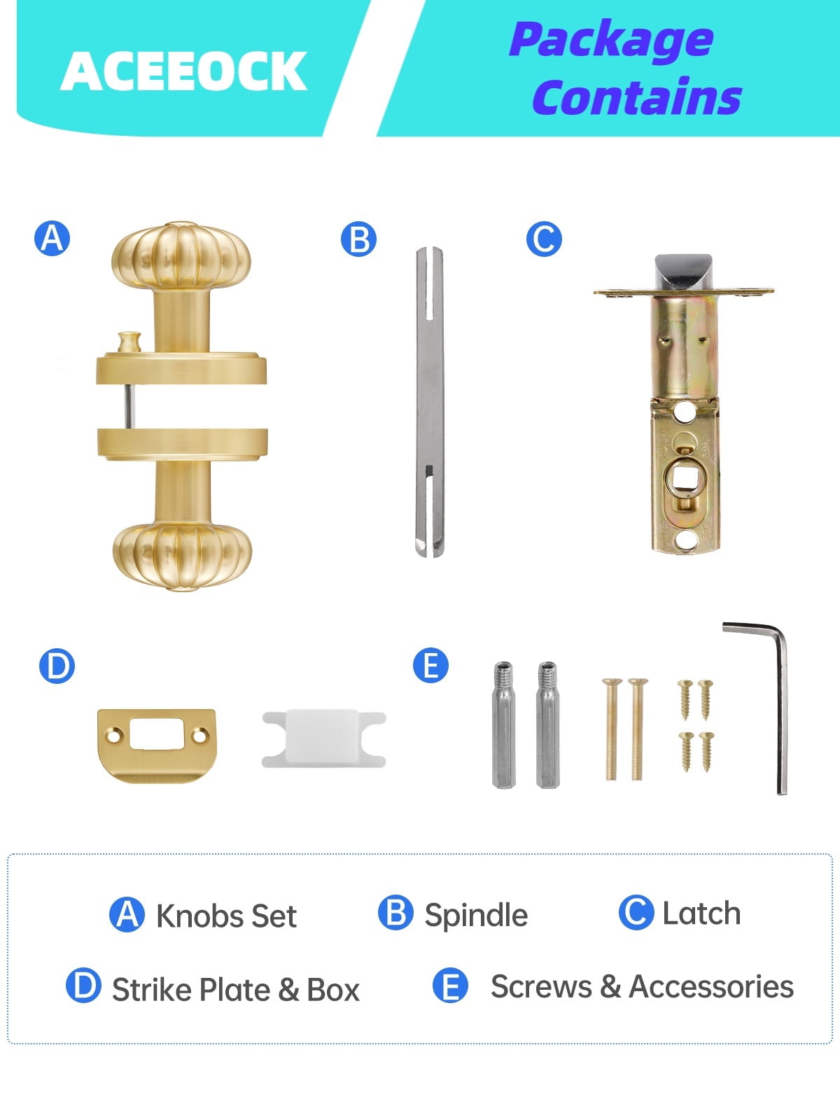 ACEEOCK Brushed Gold Privacy Door Knob, Interior Light Gold Door Handle Bedroom Bathroom Gold Door Knob, Aluminium Alloy Knob