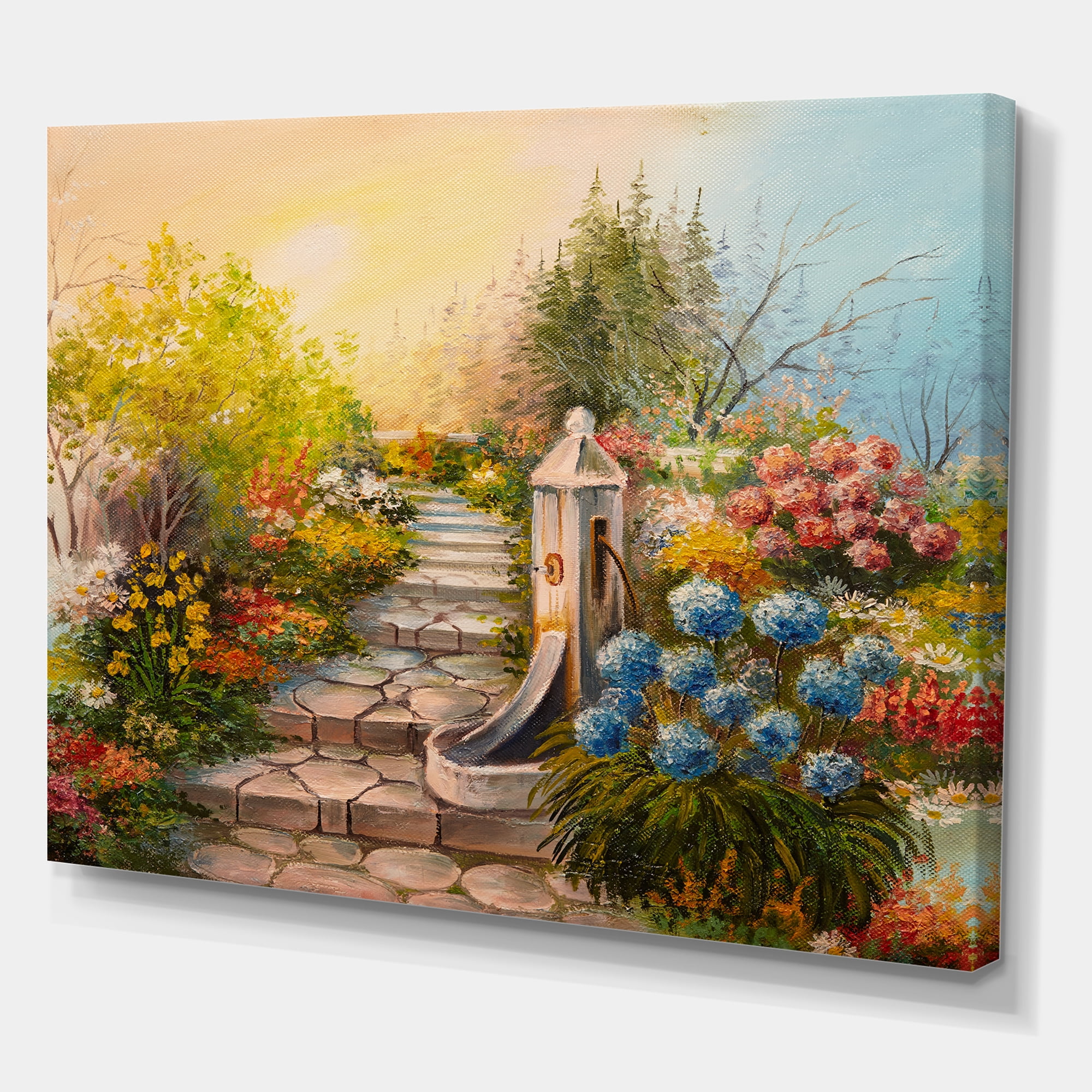 Designart ' Stone Stairs In The Blossoming Flowers Forest ' Traditional Canvas Wall Art Print