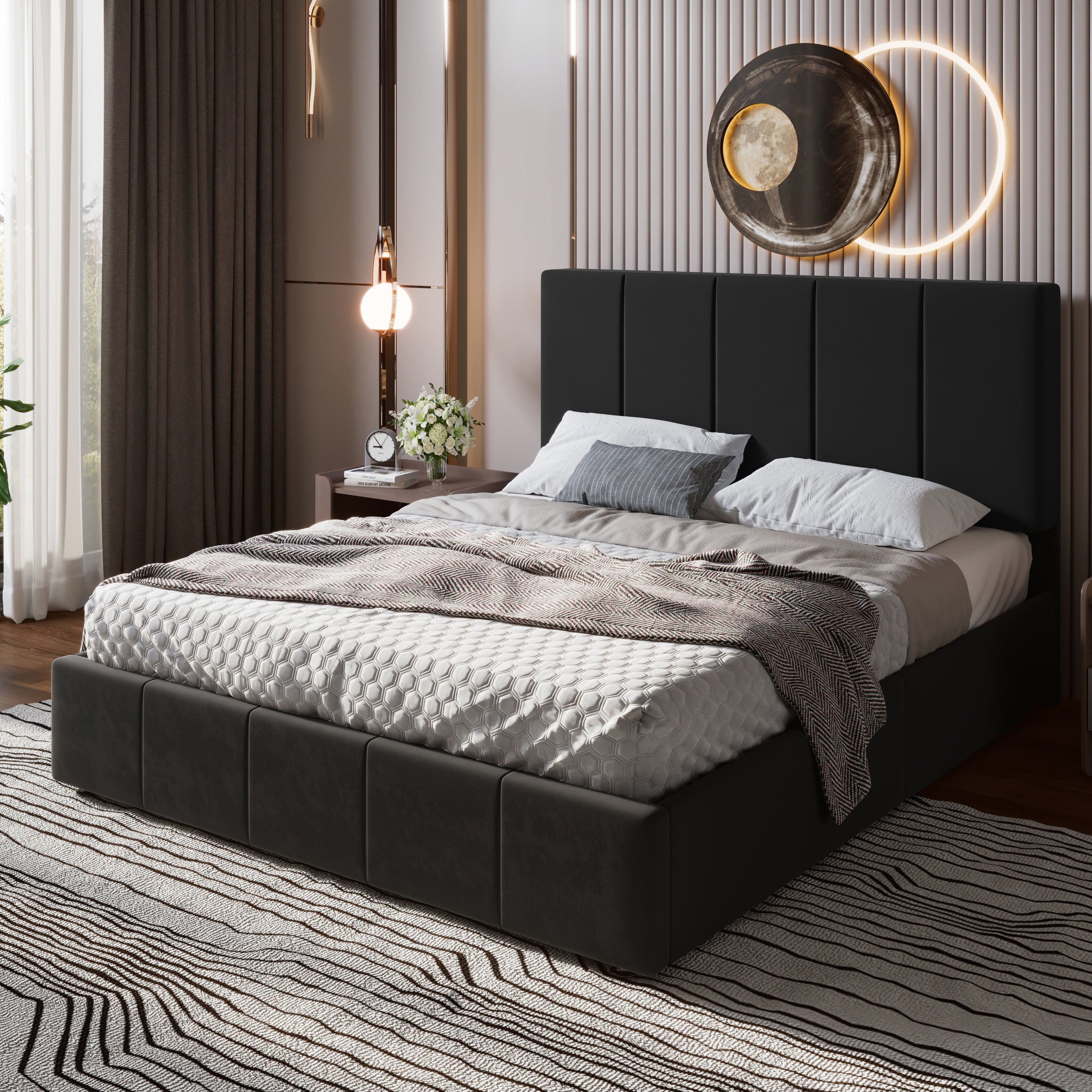 Einfach Queen Size Storage Bed Frame, Lift Up Velvet Platform Bed with Adjustable Upholstered Headboard, No Box Spring Needed, Black