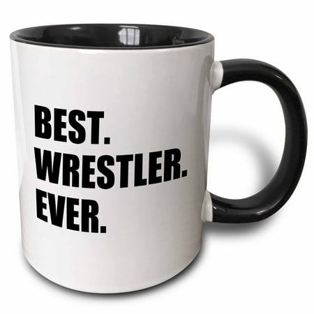 3dRose Best Wrestler Ever, fun wrestling sport gift, black and white text - Two Tone Black Mug,