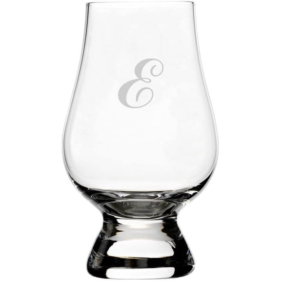 Commercial Script Etched Monogram Glencairn Crystal Whisky Glass Letter E