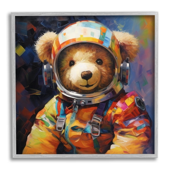 Stupell Industries Teddy Bear Astronaut Animals & Insects Painting Gray Framed Art Print Wall Art, 24 x 24
