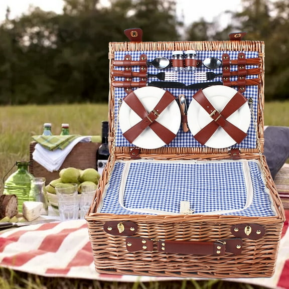 Large Wicker Picnic Basket With Cups Flatware Set Utensils Basket For 4 Person for Excursions, Camping, Hiking, Picnics