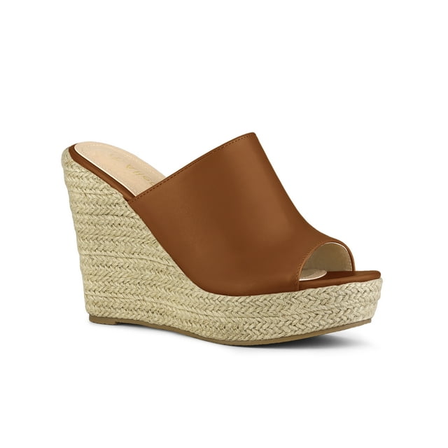 BLISSFUL STEP Chaussures pour Femmes Talon Compensé Bout Ouvert Espadrilles Mules à Plateforme Brun 6