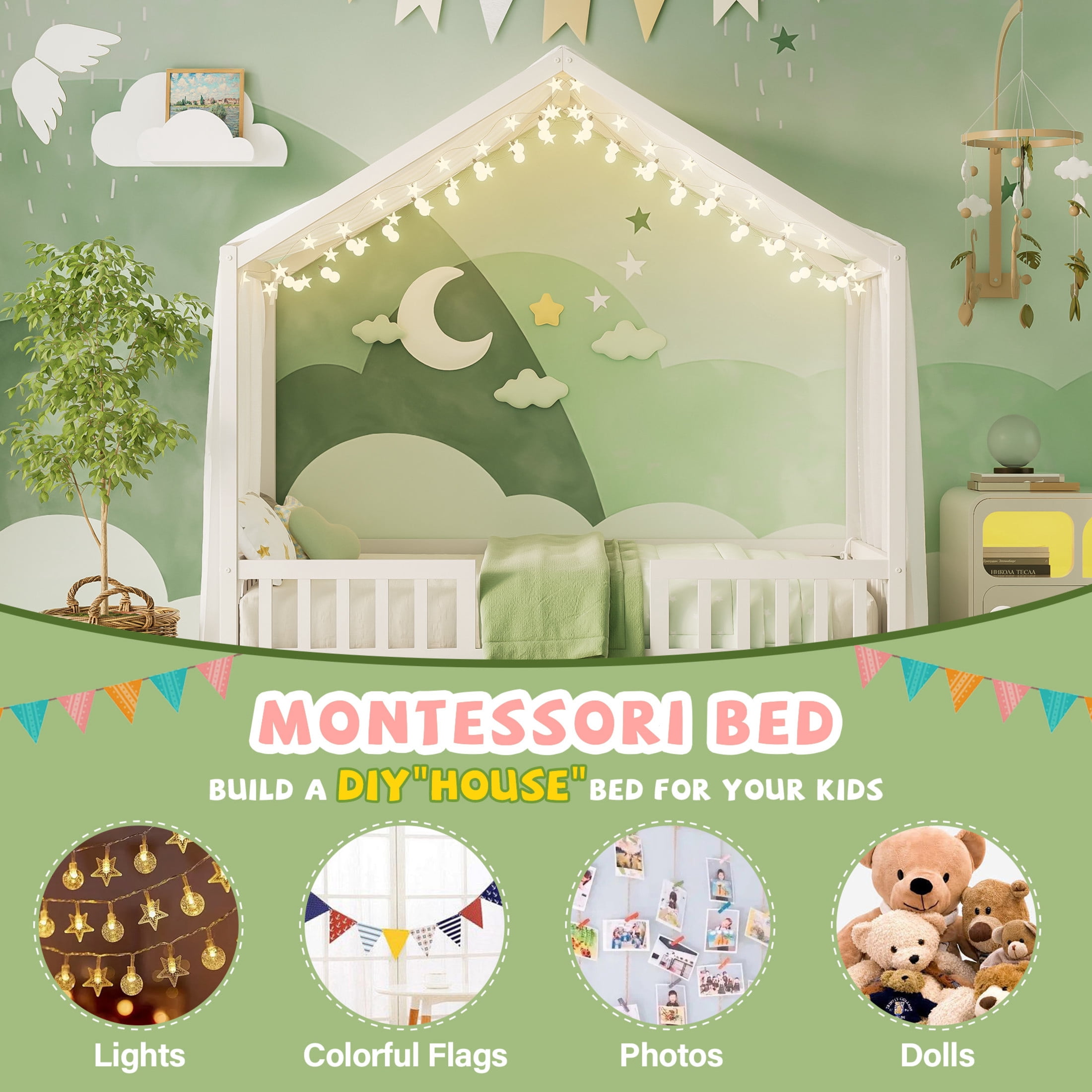 Noble House Twin Floor Bed with Canopy and Guardrails, Wood House Bed Frame for Kids, White
