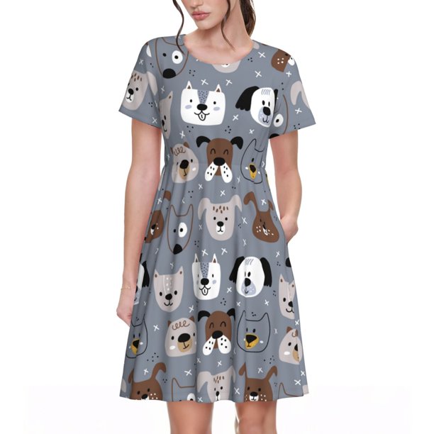 Disketp Cute Dog Faces para Vestido de Manga Corta para Mujeres, Vestidos de Verano para Mujeres, Casual y Holgado para la Playa