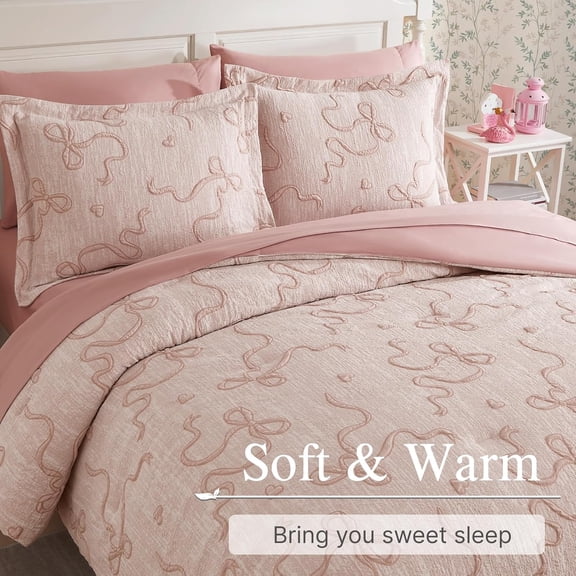 Pink Twin Comforter Set for Girls- 5 Pieces Bowknot Jacquard Bed in A Bag Twin Bedding Sets with Sheets, Pillowcases & Shams, All Season Kids Comforter Set
