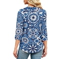 thumbnail image 6 of Domzest V Neck Tops for Women 3/4 Sleeve Boho Floral Print Pleated Button Down Shirts Loose Fit Tunic Blouse Blue L, 6 of 6