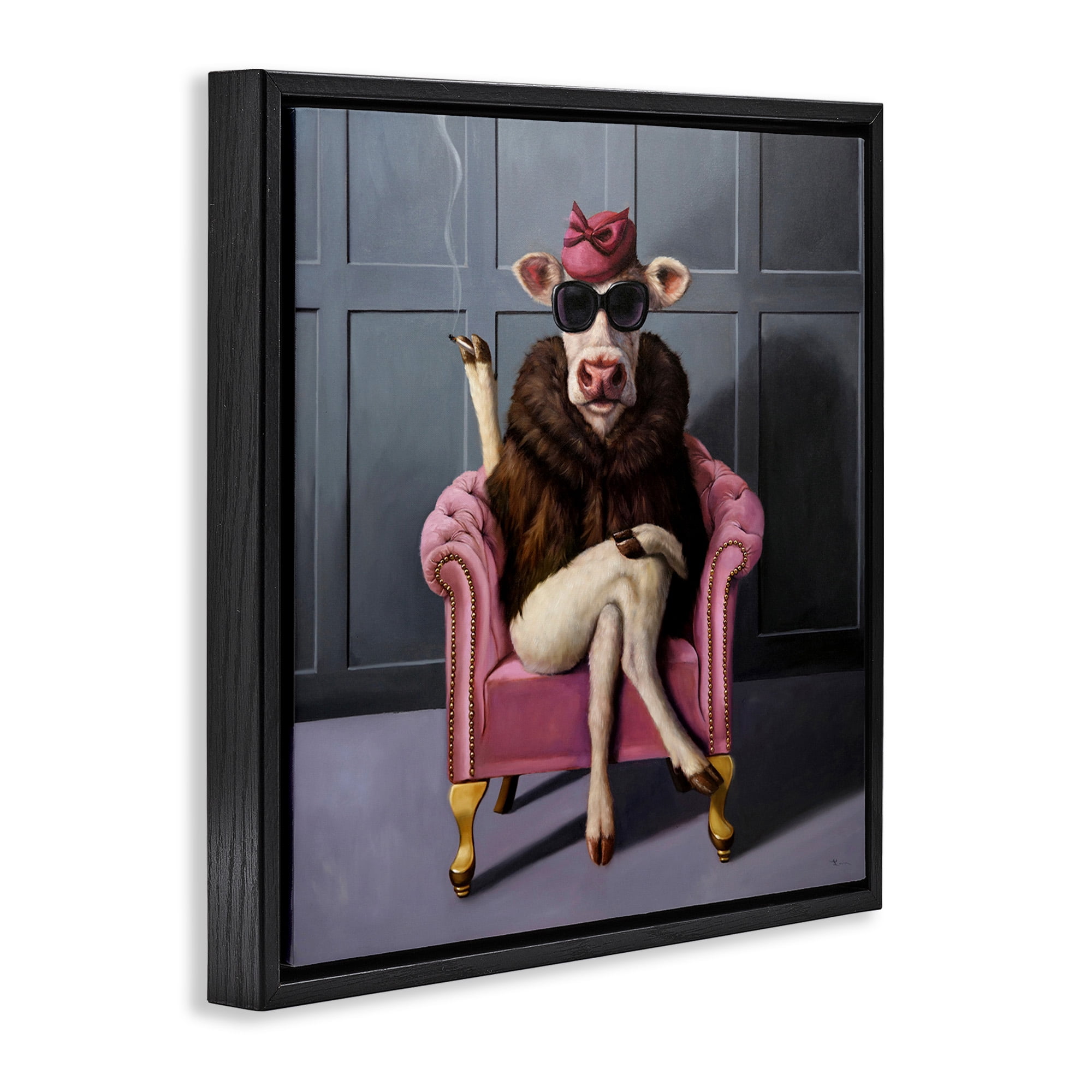 Stupell Industries Trendy Pink Glam Cow Animals & Insects Painting Black Floater Framed Canvas Art Print Wall Art, 25 x 25