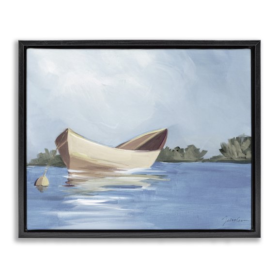 Stupell Industries Coastal Boat Floating on Lake Black Floating Frame Canvas Art, 21 x 17, by Liz Jardine