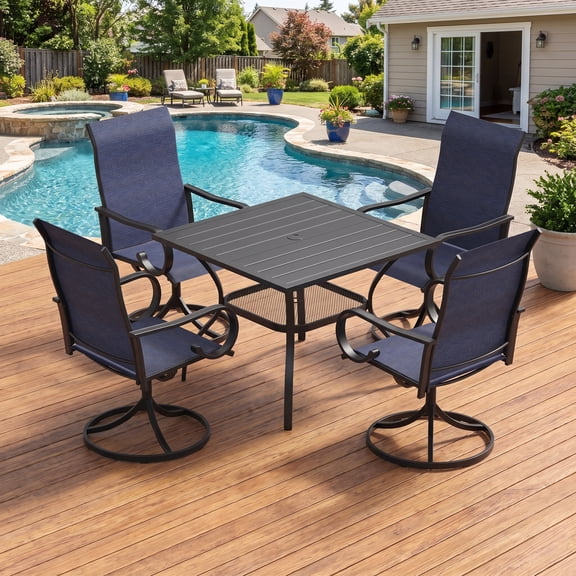 VOXBIN Outdoor Patio Dining Set for 4 including 38 Inch Square Table with Umbrella Hole and Patio Swivel Chairs, Black Table and Blue Chairs