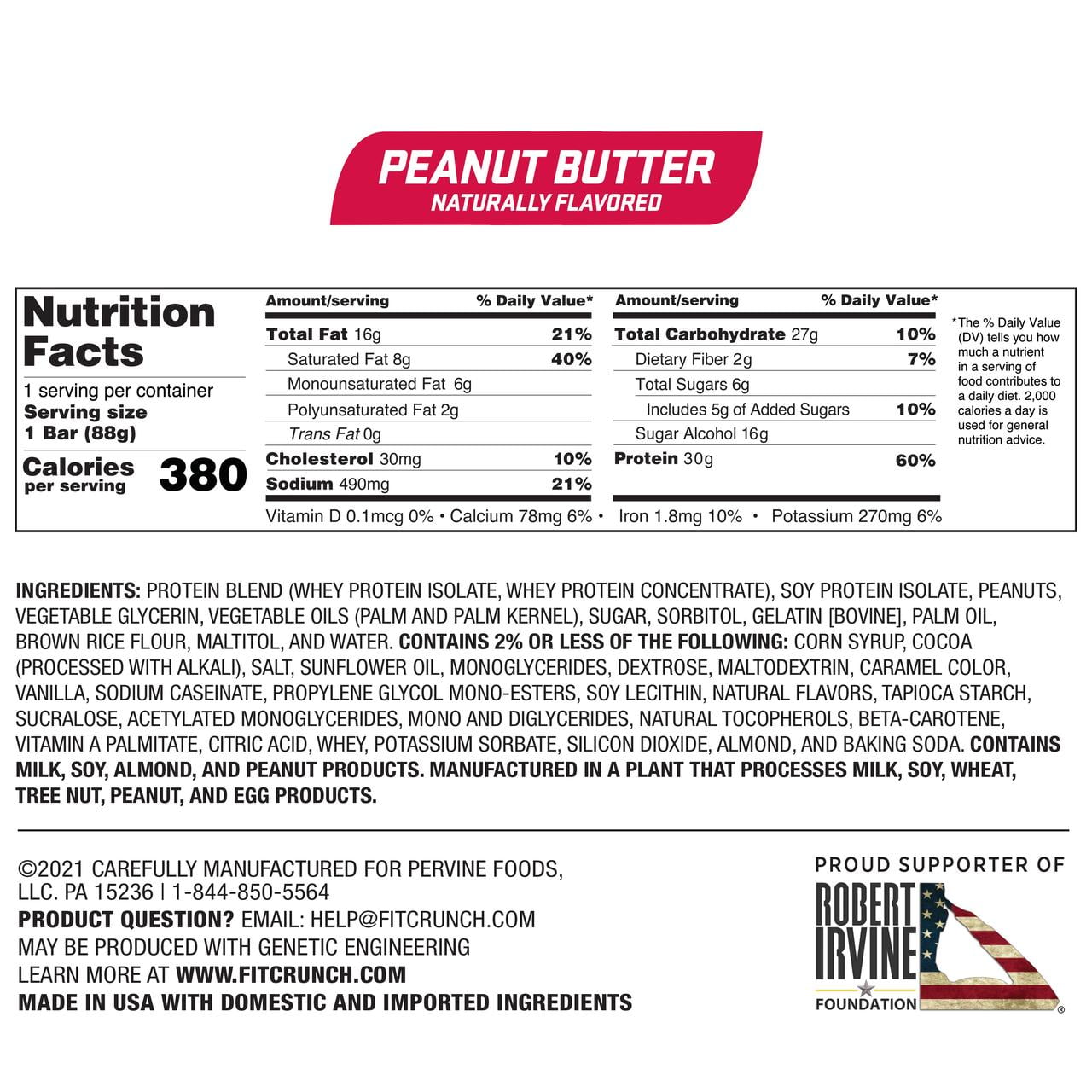 (3 pack) Chef Robert Irvine's FITCRUNCH Peanut Butter, High Protein Baked Bar, 30g Protein, 3.1 oz., 1ct