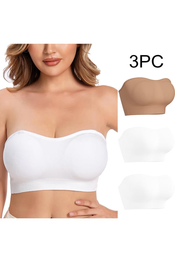 Women Bras Plus Size Seamless Padding Pack of 3 Wireless Strapless Convertible Stretch Push Up Bandeau No Wire Solid Invisible Support Clear Strap Breathable Comfort Soft Everyday Bra Beige 2XL