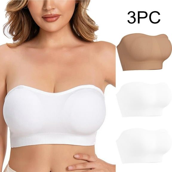 Amidoa Seamless Womens Bras Strapless No Underwire Beige Solid 3 Pack Bandeau Brasieres for Womens L