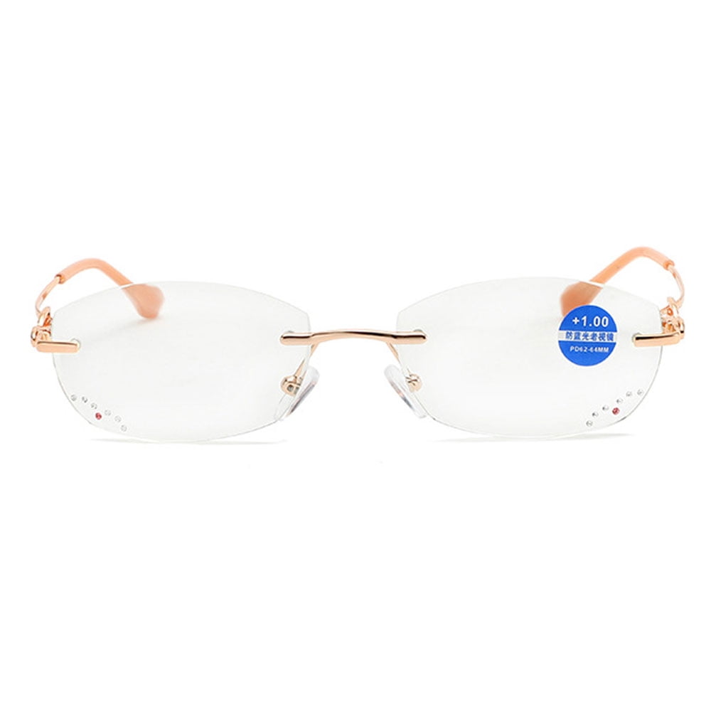 Women Rimless Blue Light Blocking Reading Glasses 3.50, Ladies Rectangle Metal Gold Presbyopia Glasses Readers +3.50 strength