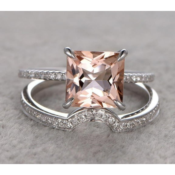 2.25 Carat Peach Pink Morganite (6mm Princess Cut Morganite) Diamond Moissanite Engagement Ring Wedding Bridal Set with 18k Gold Plating