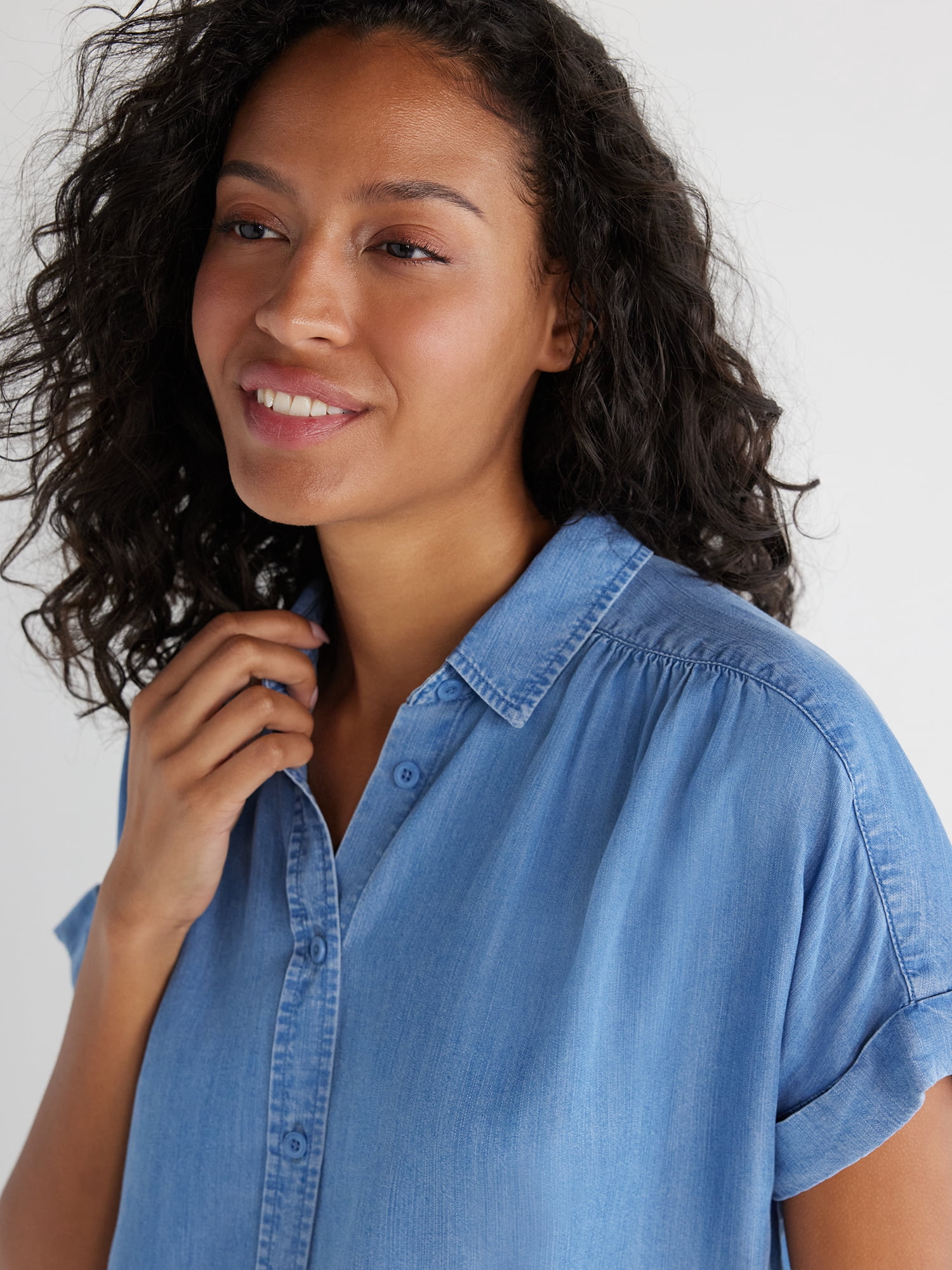 Time and Tru Women's Button Down Camp Shirt with Roll Cuff Sleeves, Sizes XS-XXXL