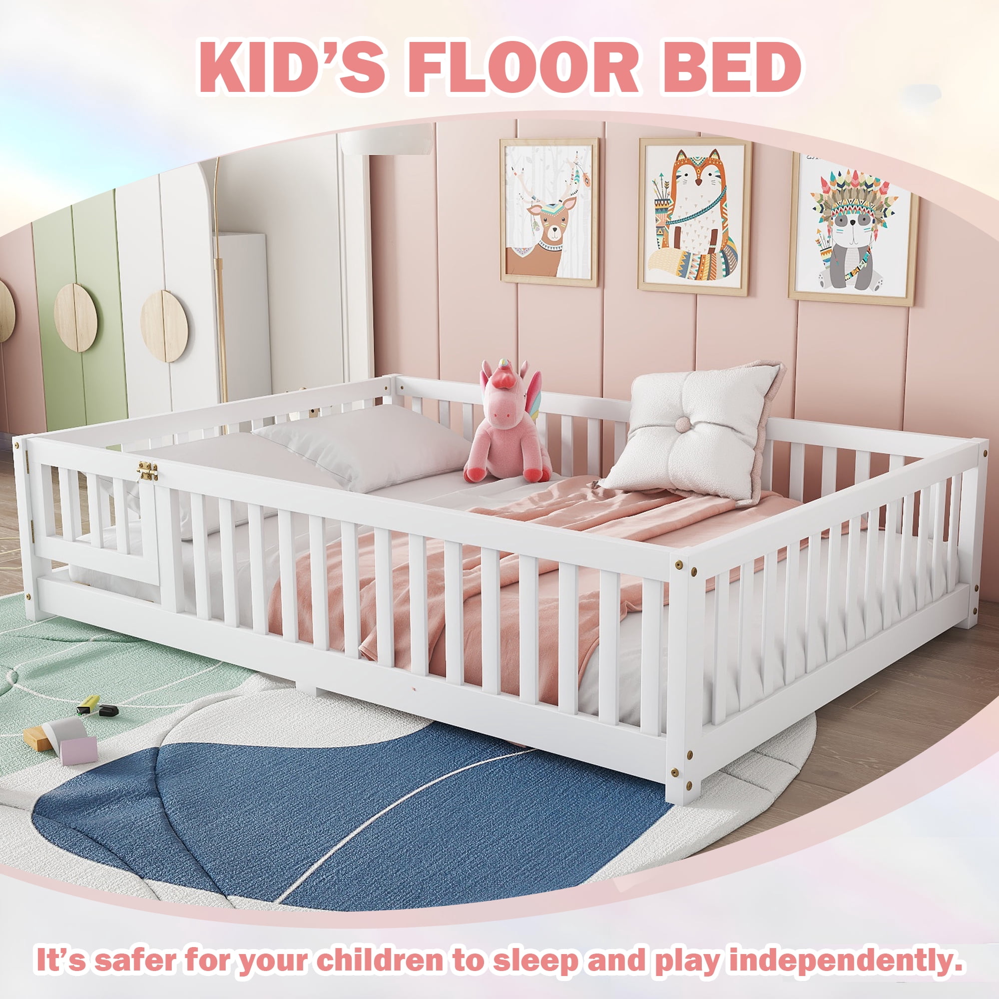 Bellemave Floor Bed with Door and Fence, Full Floor Bed with Bed Slats Sturdy Wood Floor Bed Montessori Bed Frame, Full Size Floor Bed with Fence, White