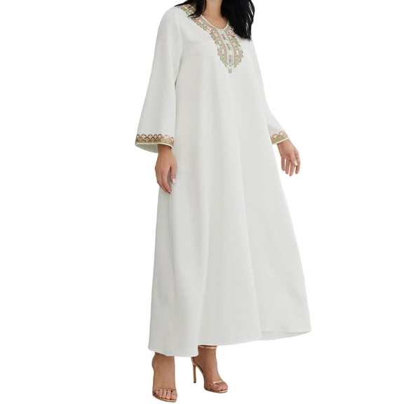 Elegant Muslim Abaya Dress With Floral Lace Trim Fashion Long Robe For Solid Color Ladies Dress Soft Daily Dress For Women White L