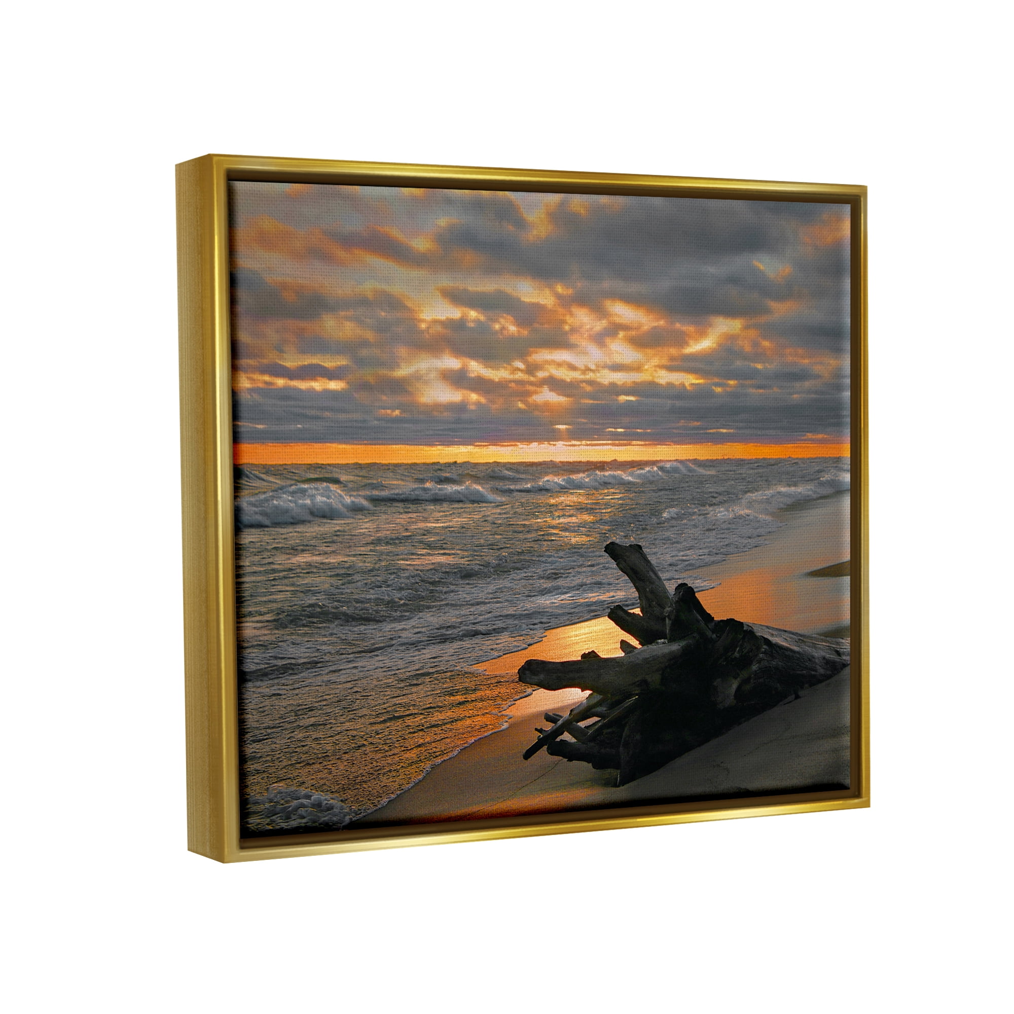 Stupell Industries Driftwood at Sunset Landscape Photography Gold Floater Framed Canvas Art Print Wall Art, 21 x 17