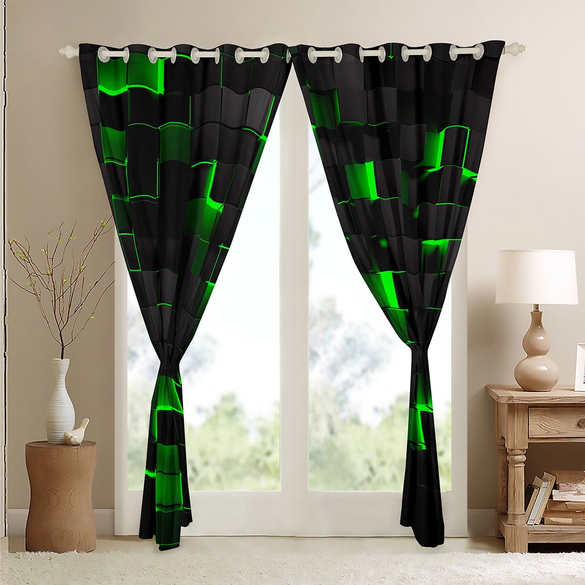 Black Green Curtains & Drapes 42"Wx63"L Geometric Check Grid 30%-50% Blackout Curtains For Bedroom Living Room,Stereoscopic Abstract Square Window Curtains Neon Plaid Curtains 2 Panels