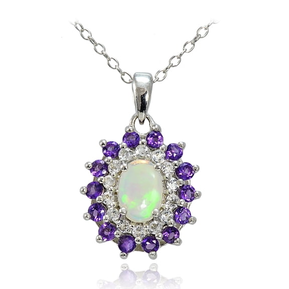 Sterling Silver Ethiopian Opal, African Amethyst & White Topaz Oval Flower Necklace