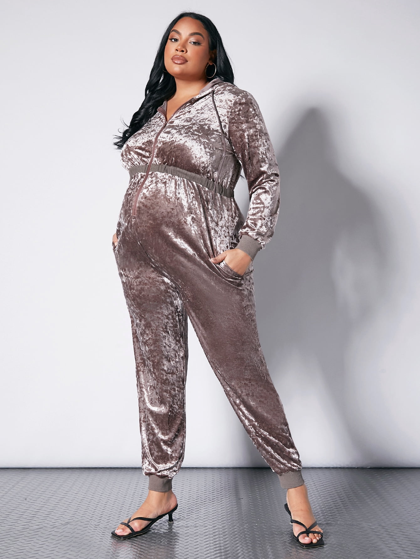 Brown Maternity Drawstri Zipper Up 