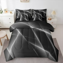 Manfei Geometric Geometric Lines Twin Bedding Sets 7-Piece,Modern Abstract Art Bedding Comforter Set,Gray Black Ribbon Sheet Sets For Teens,Microfiber Bedroom Decor,Reversible