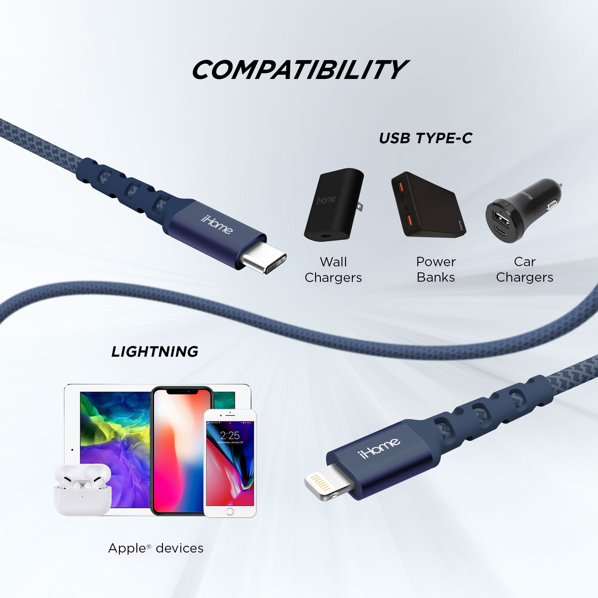 iHome Nylon Braided Lightning to USB-C Cable, Navy, 6'