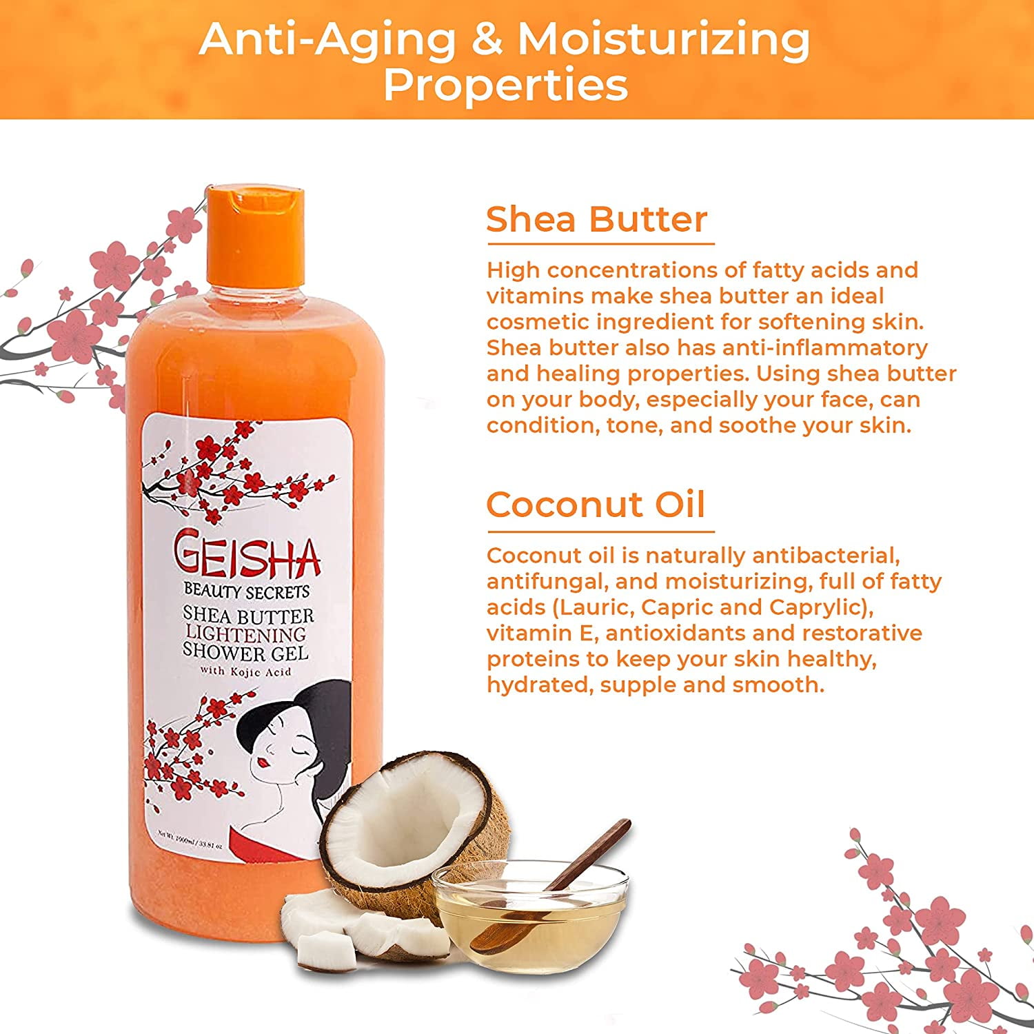 Geisha Body Wash & Shower Gel with Kojic Acid and Shea Butter, Coconut Scent, 1000ml