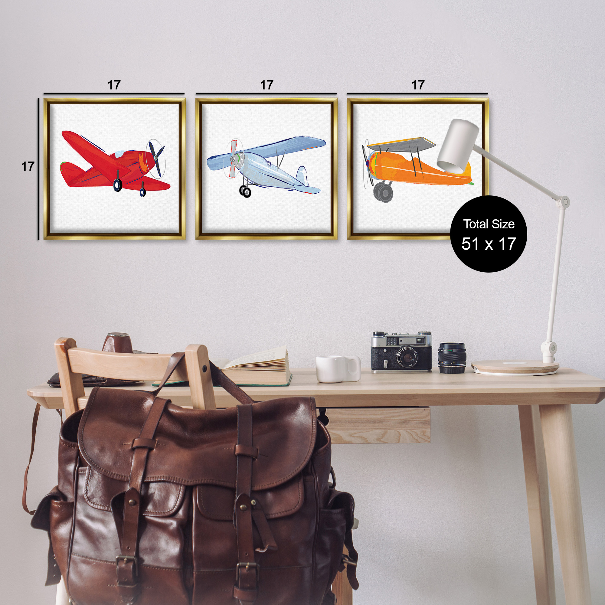 Stupell Industries Triple Colorful Airplanes Drawing Art for Kids Painting Gold Floater Framed Canvas Art Print Wall Art, 18 x 18, Set of 3