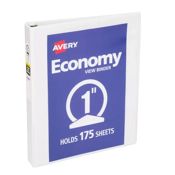 Avery 1" Round Ring Binder 175 Sheet Capacity Economy View Binder - White: Professional 3 Ring, Hard Cover, 1in