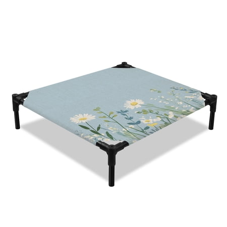 Spring Florals Elevated Dog Bed Watercolor White Daisy Floral Leaf Plant Blue Linen Texture Cooling Breathable Outdoor Raised Dog Cot Bed with Metal Frame Non-Slip Feet for Small Dog 20x20in