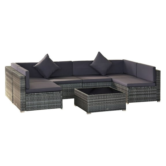 7-Piece Outdoor Patio Furniture Set, Wicker Sectional Sofa with Gray Cushions