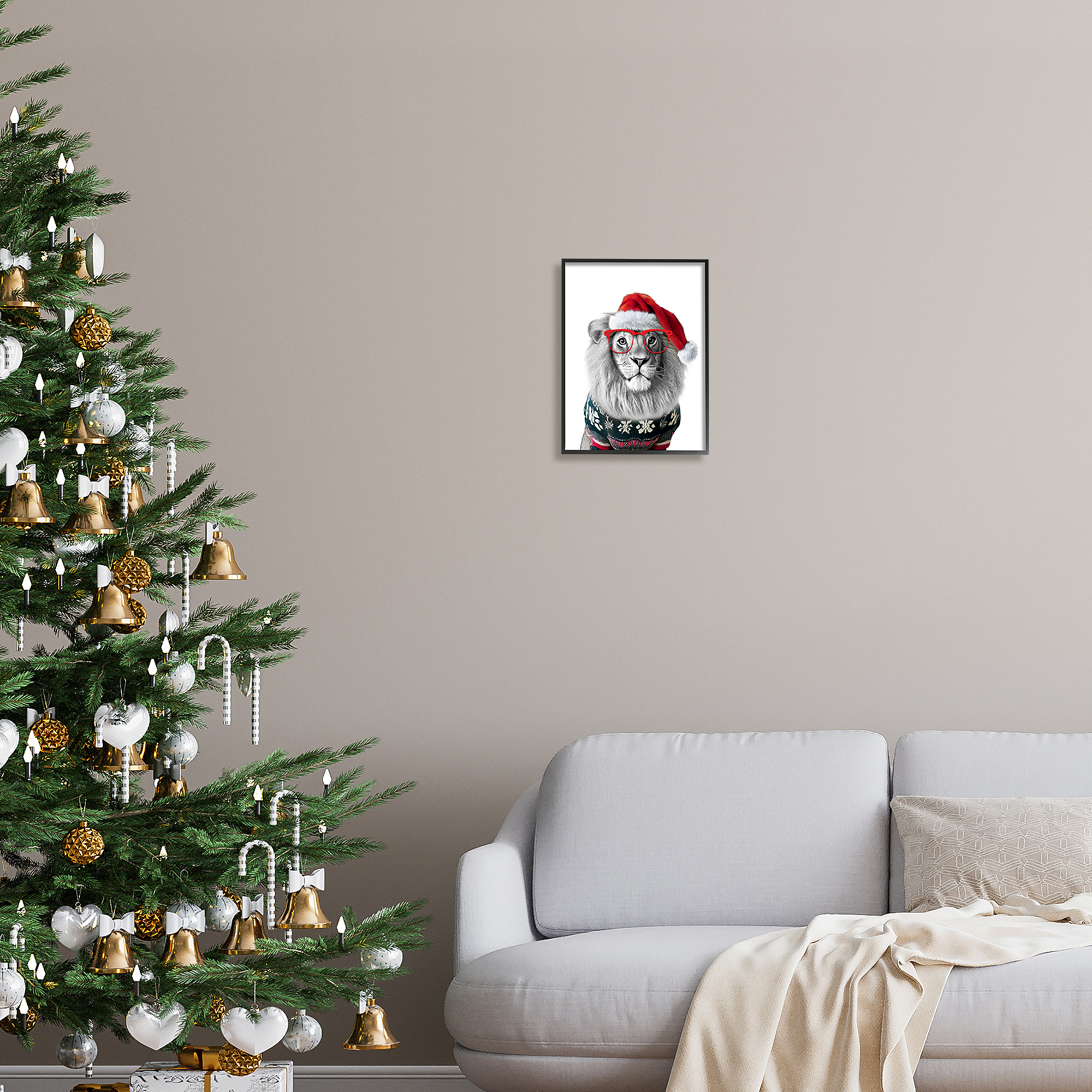 Stupell Industries Lion in Christmas Sweater Holiday Painting Black Framed Art Print Wall Art, 11 x 14
