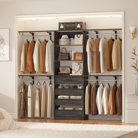 Homieasy 8FT Closet Organizer System with 4 Wooden Drawers & Hanging Rods ,Wooden Heavy-Duty Wardrobe Rack,Adjustable Storage Tower for Walk-In Closets ,Gray Oak