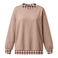 thumbnail image 6 of Women's Oversized Colorblock Crew Neck Sweatshirt Plaid Trim Patchwork Long Sleeve Loose Fit Pullover Top Cozy Featuring Playful Gingham Contrast Cuffs and Collar,Soft Casual Tunic Style. Khaki, 6 of 6
