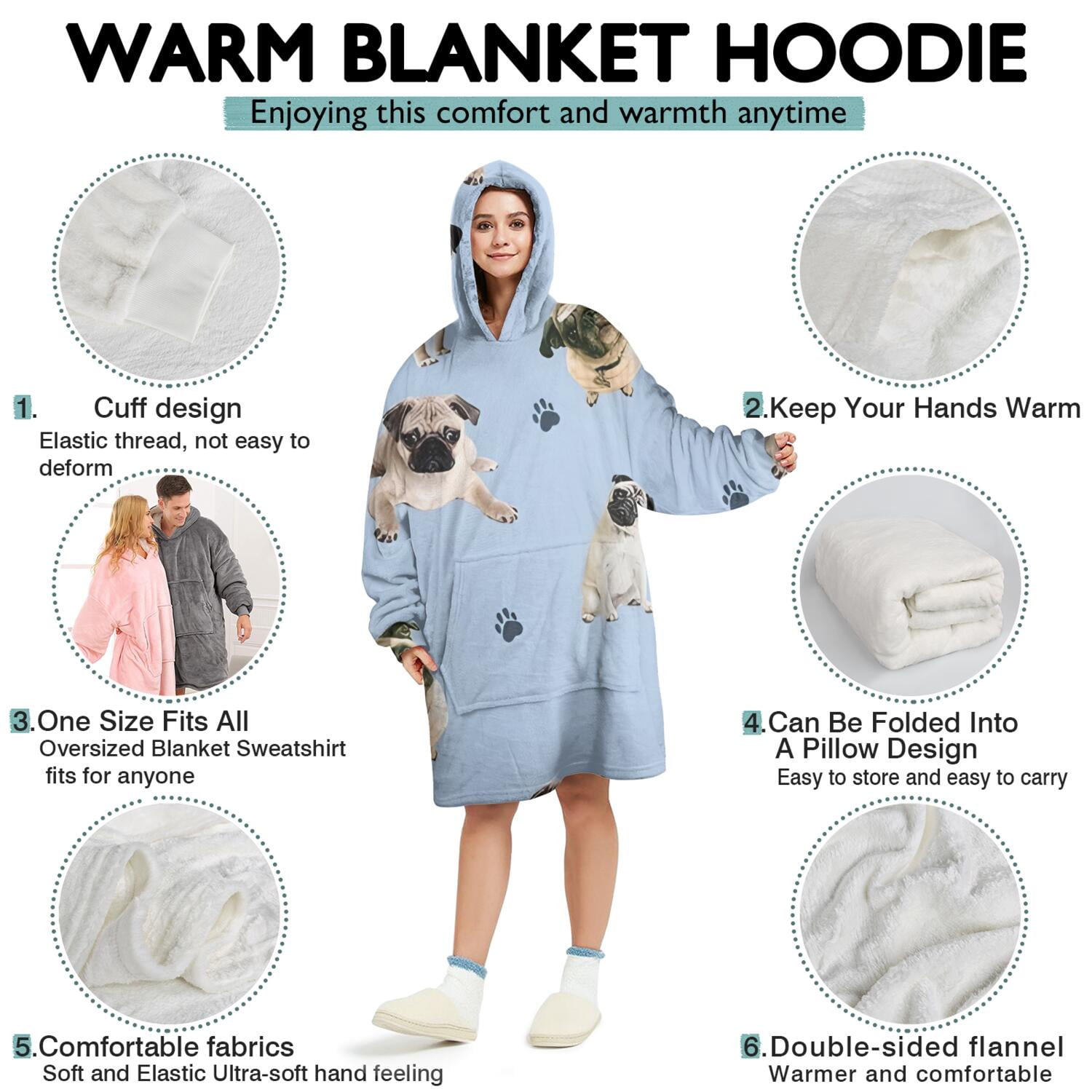 Pug and Footprints Wearable Oversized Blanket,Wearable Blanket Hoodie for Adults,Cozy Hooded Blankets with Super Pockets,Super Warm Fuzzy Pullover for Women & Men