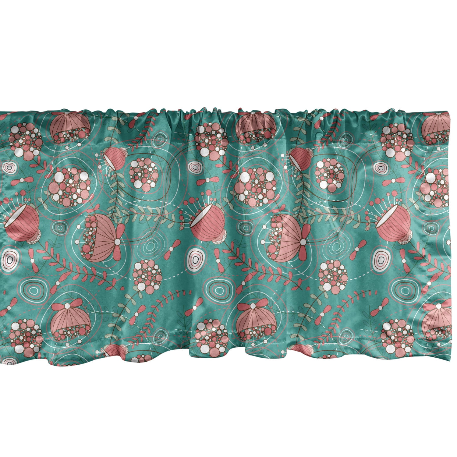 Ambesonne Teal and Pink Window Valance, Abstract Flowers with Pink and
