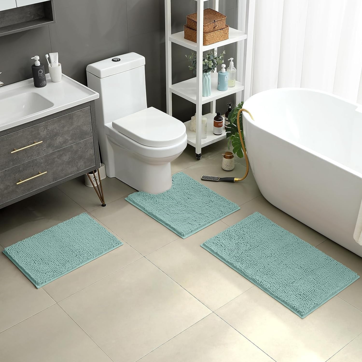 3 Pieces Bathroom Rugs, Ultra Soft Non Slip Absorbent Chenille Toilet Bath Mat Set (Eggshell Blue)