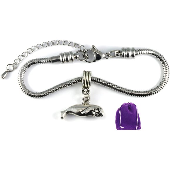 Manatee Bracelet | Manatee Gifts Stainless Steel Snake Chain Charm Bracelet Manatee Charm on Manatee Jewelry Swimming Bracelet for Women and Men Manatee Gifts for Manatee Lovers (metal, 13.00months)