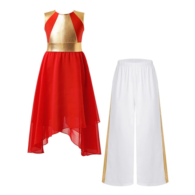 iefiel Robe Sans Manches Ourlet Irrégulier Métallique avec Pantalon Grand Rouge&Blanc 16