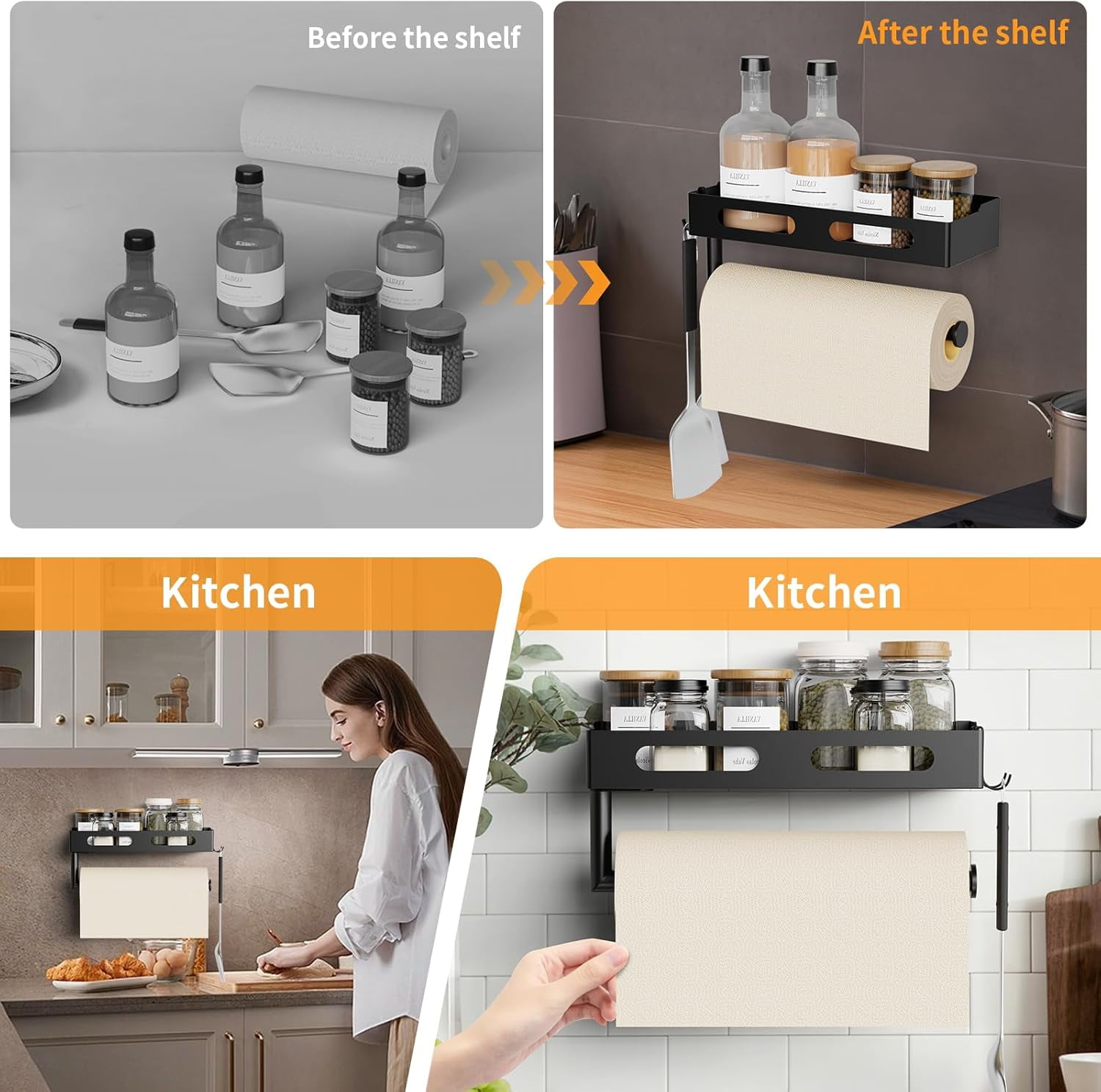 Paper Towel Holder Wall Mount for Kitchen, Paper Towel Holder with Shelf for Bathroom, RV Paper Towel Rack, Spice Rack with 2 Hooks,Matte Black