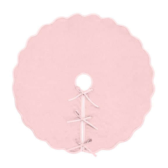 Pink Scalloped Christmas Tree Skirt with Tie Closures, 48-Inch Round Tree Base Cover for Holiday Decor