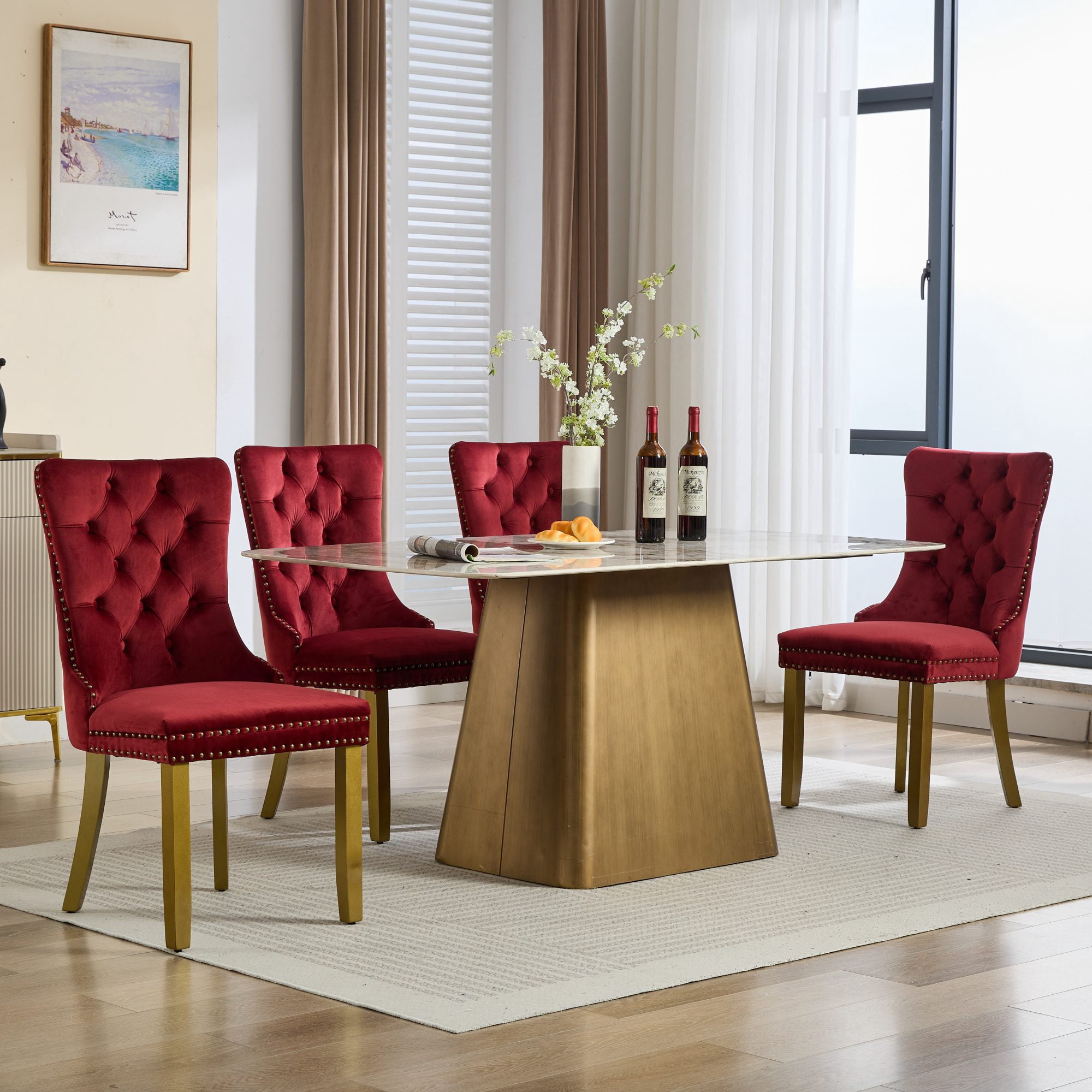 Mid-Century Velvet Dining Chairs, Wine Red, Gold Solid Wood Legs & Lion Pulls, Set of 2