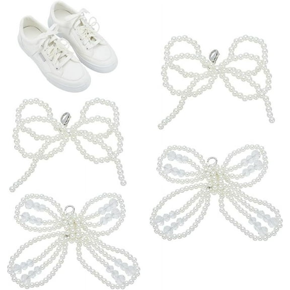2 Pairs 2 Styles Bowknot ABS Imitation Pearl Shoe Lace Decorations Alloy Detachable Shoelace Charm Floral White 56~69mm 1 pair/style