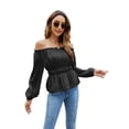 thumbnail image 6 of Franhais Women's Tops, Off Shoulder Long Sleeve Solid Color Ruched Ruffle Hem Pullover Shirt, Black/Blue/Yellow/Wine Red, 6 of 9